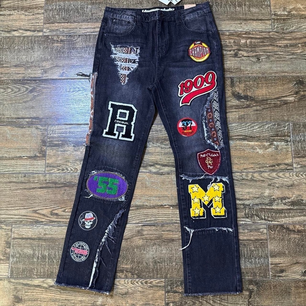 NWT Voyage Studio Black Sand Patchwork Jeans 34x34 Streetwear Denim